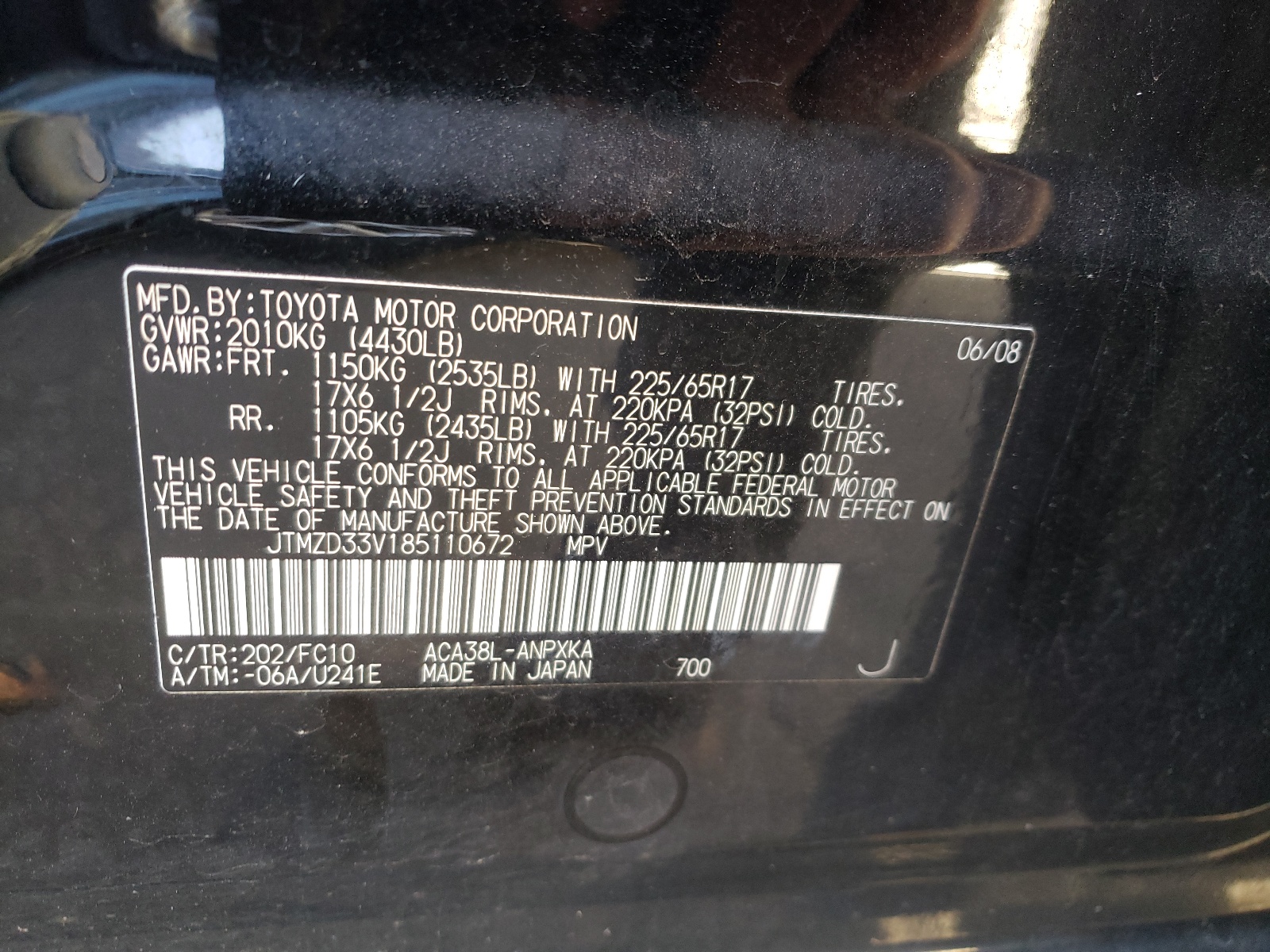 Photo 10 from auction – 2008 TOYOTA RAV 4 with VIN JTMZD33V185110672