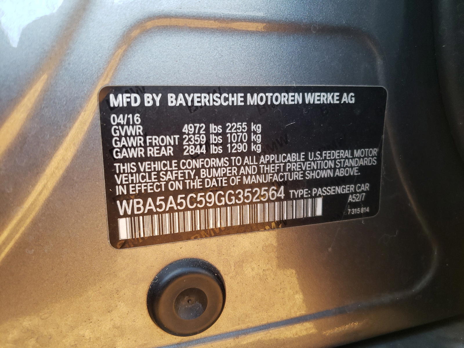 Photo 10 from auction – 2016 BMW 528 I with VIN WBA5A5C59GG352564
