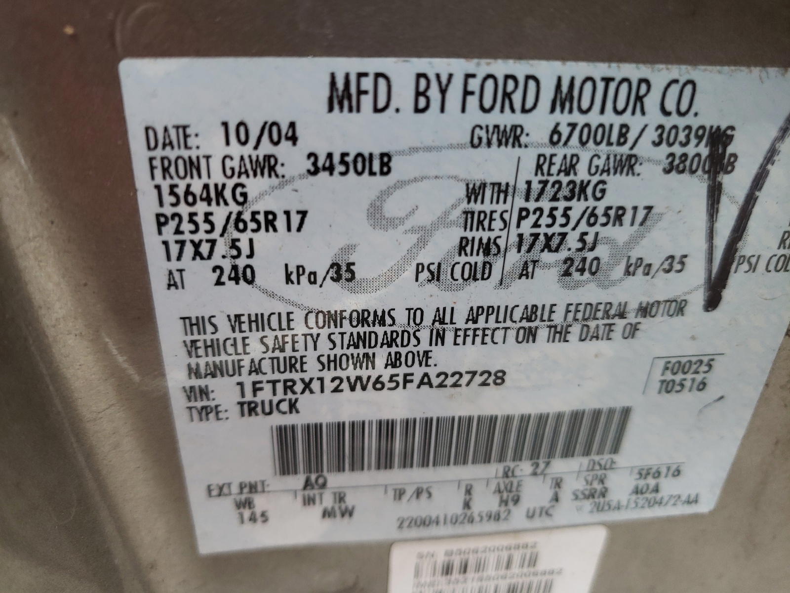 Photo 10 from auction – 2005 FORD F150 with VIN 1FTRX12W65FA22728