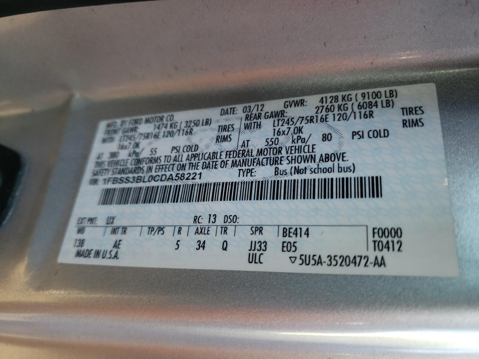 Photo 10 from auction – 2012 FORD ECONOLINE with VIN 1FBSS3BL0CDA58221