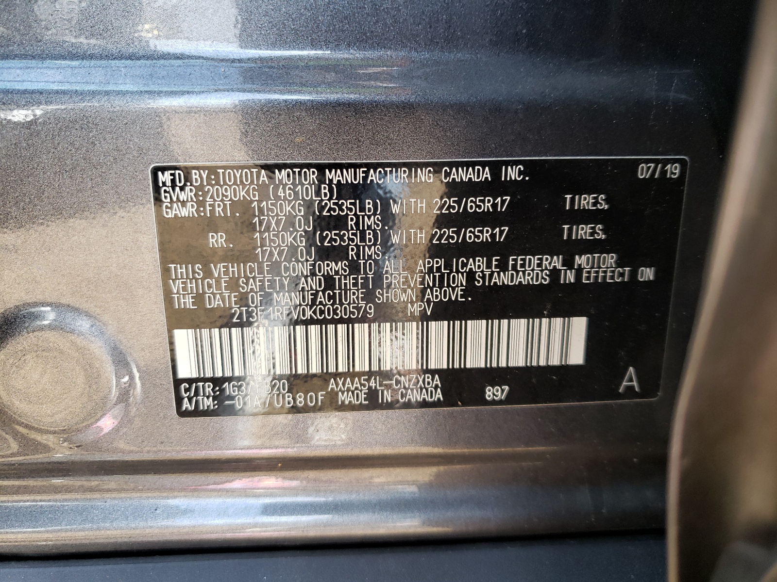 Photo 10 from auction – 2019 TOYOTA RAV4 LE with VIN 2T3F1RFV0KC030579