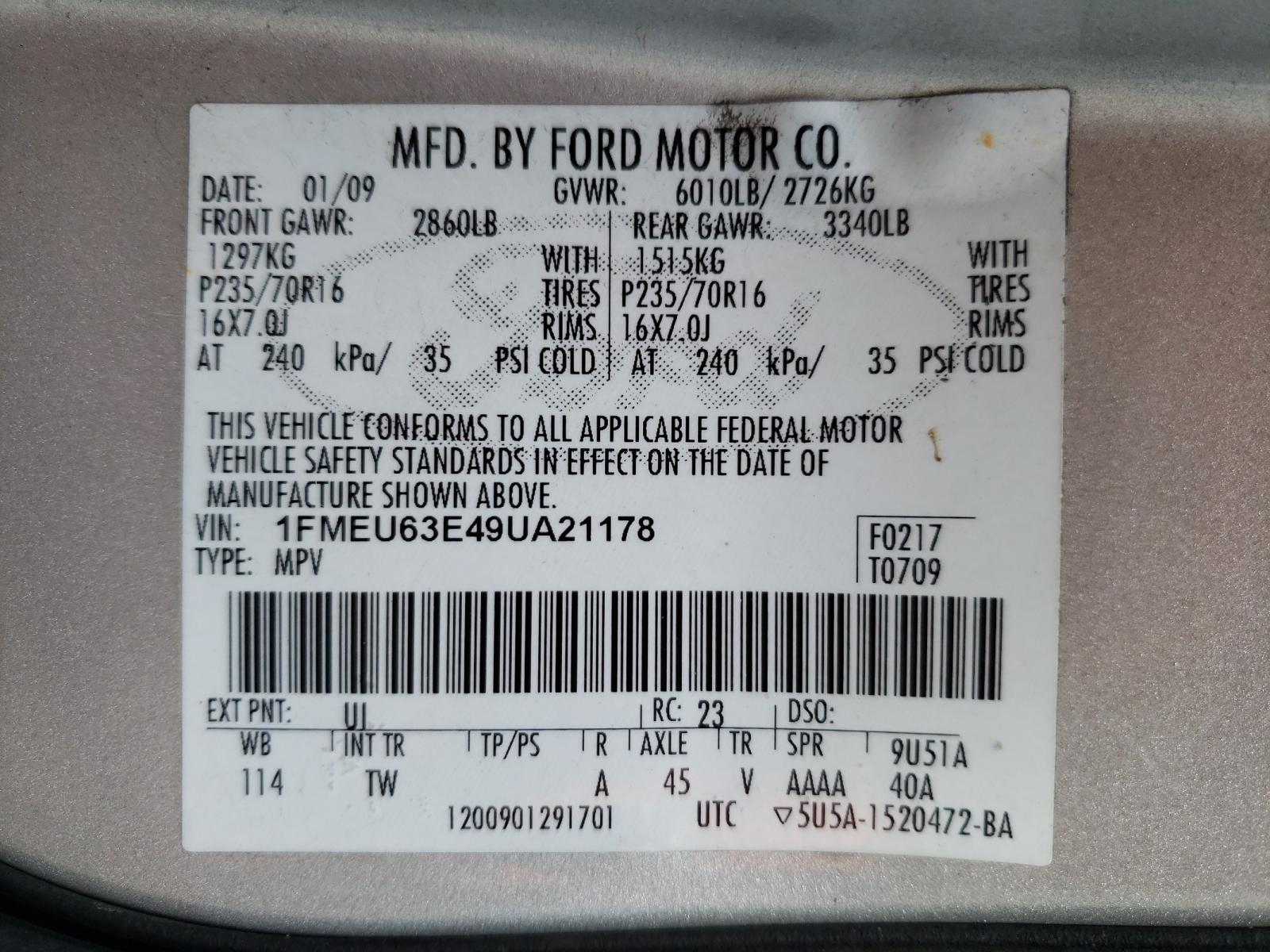 Photo 10 from auction – 2009 FORD EXPLORER X with VIN 1FMEU63E49UA21178
