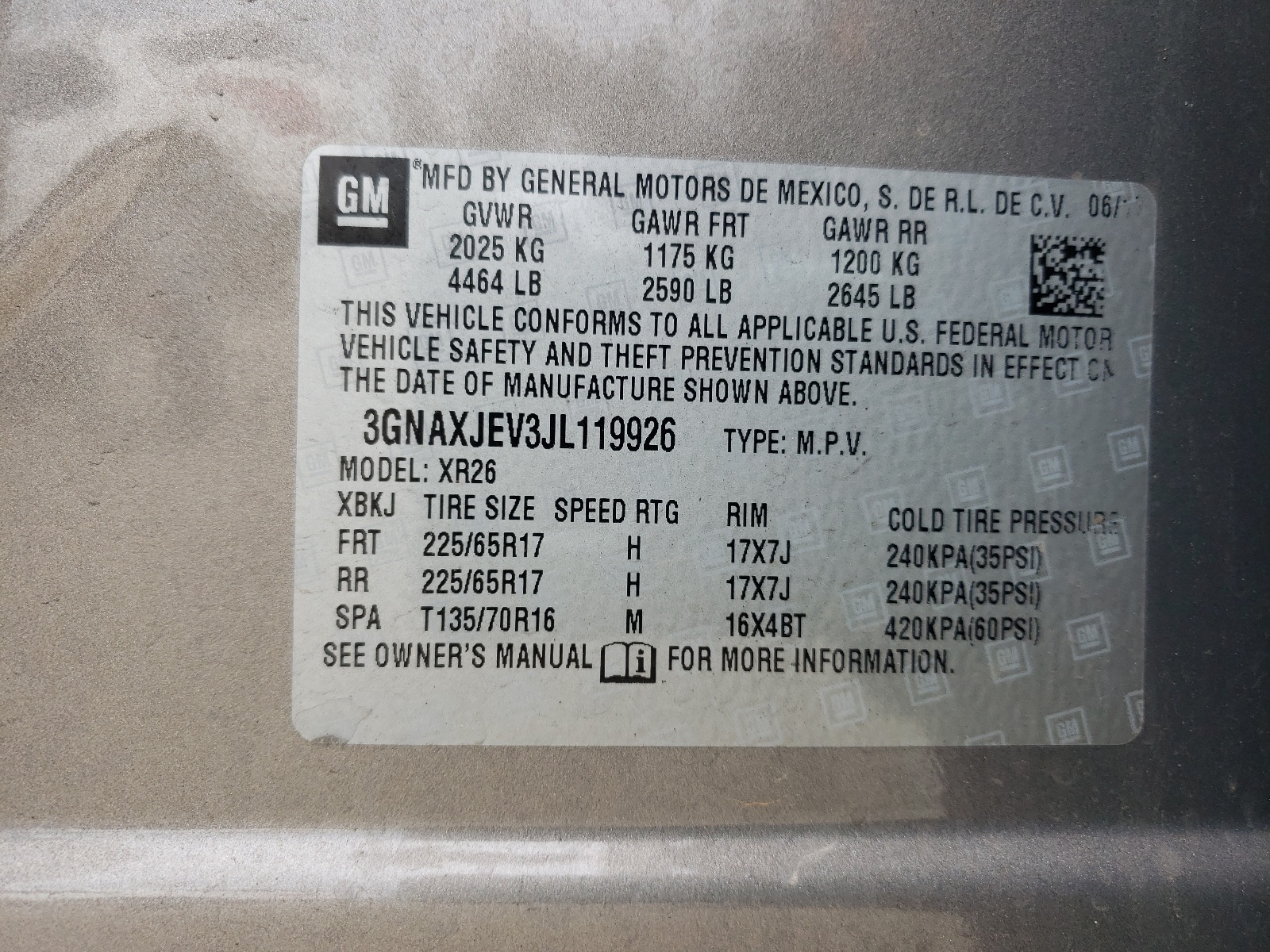 Photo 10 from auction – 2018 CHEVROLET EQUINOX LT with VIN 3GNAXJEV3JL119926
