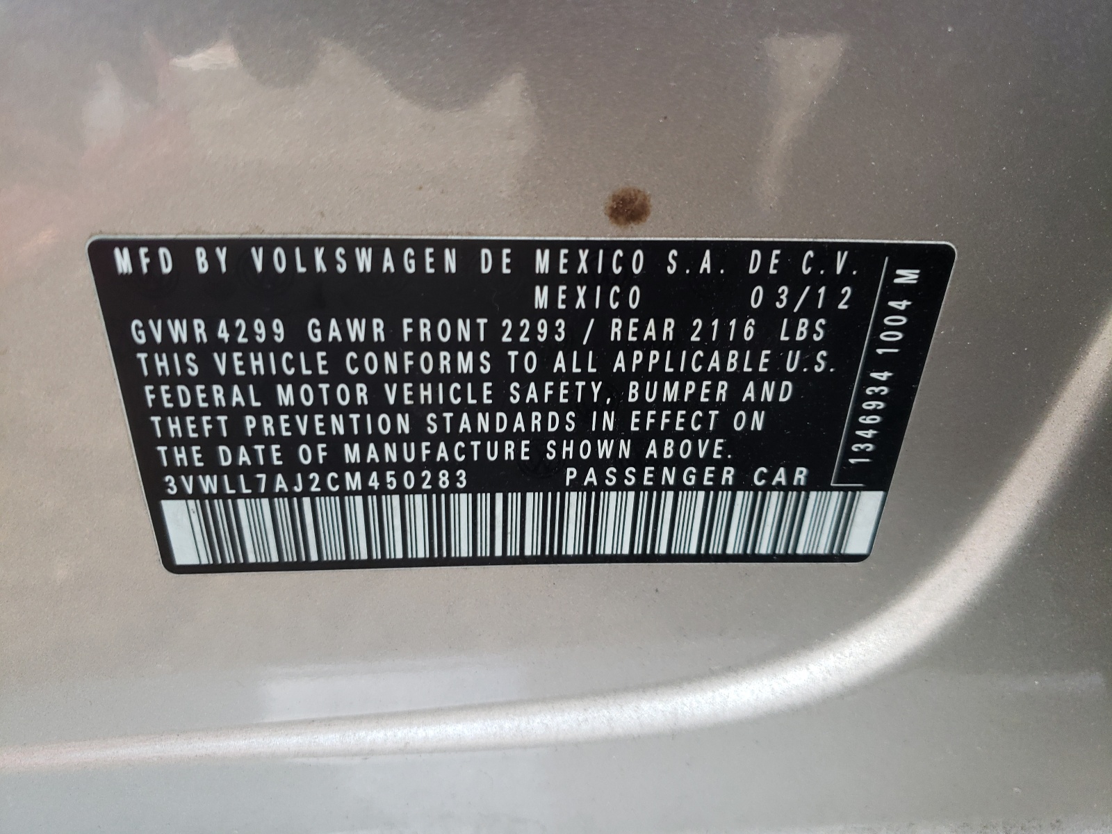 Photo 10 from auction – 2012 VOLKSWAGEN JETTA TDI with VIN 3VWLL7AJ2CM450283