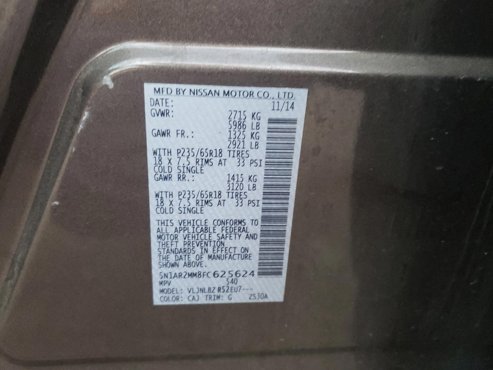 Photo 10 from auction – 2015 NISSAN PATHFINDER with VIN 5N1AR2MM8FC625624