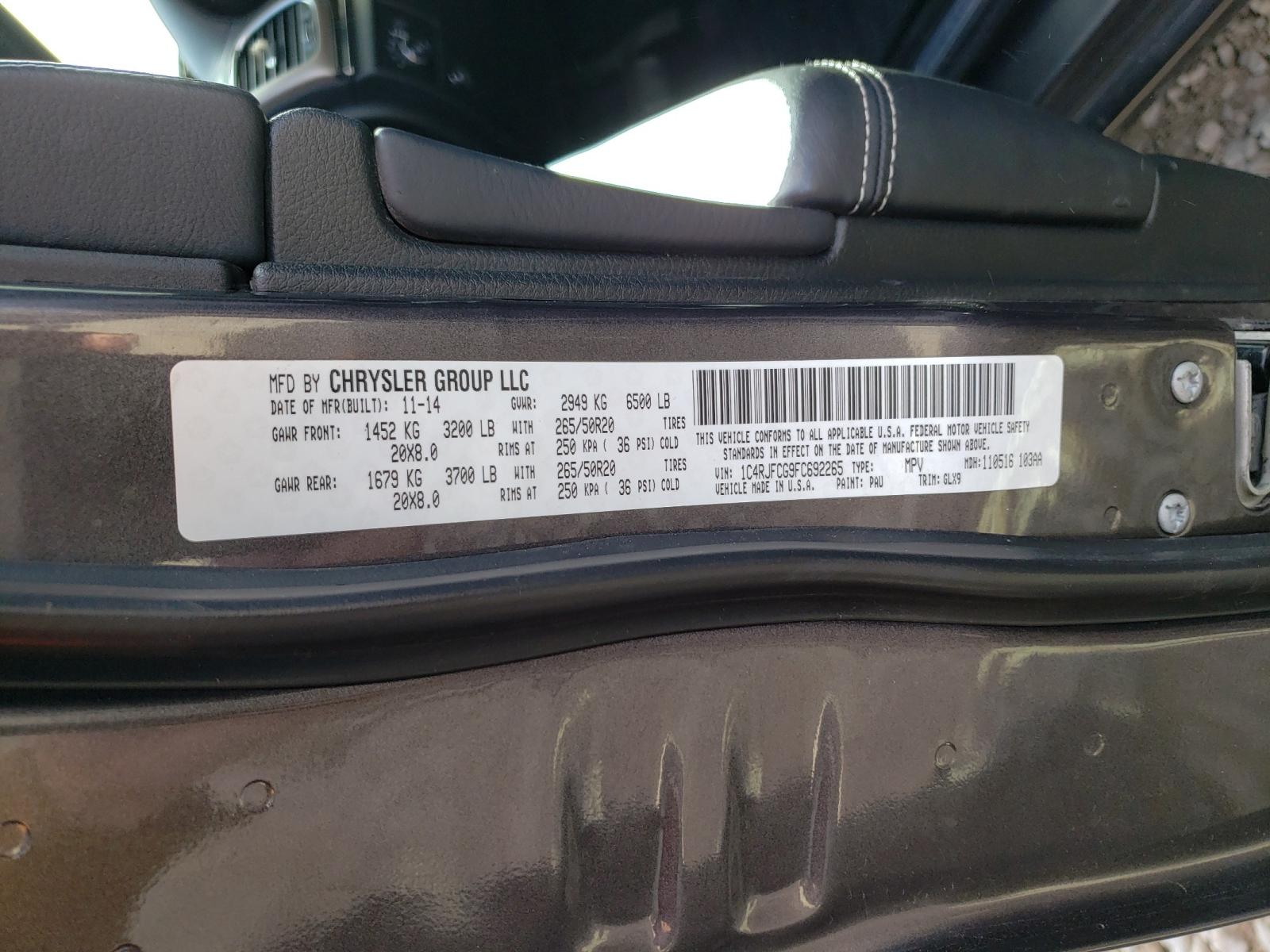 Photo 10 from auction – 2015 JEEP GRAND CHER with VIN 1C4RJFCG9FC692265
