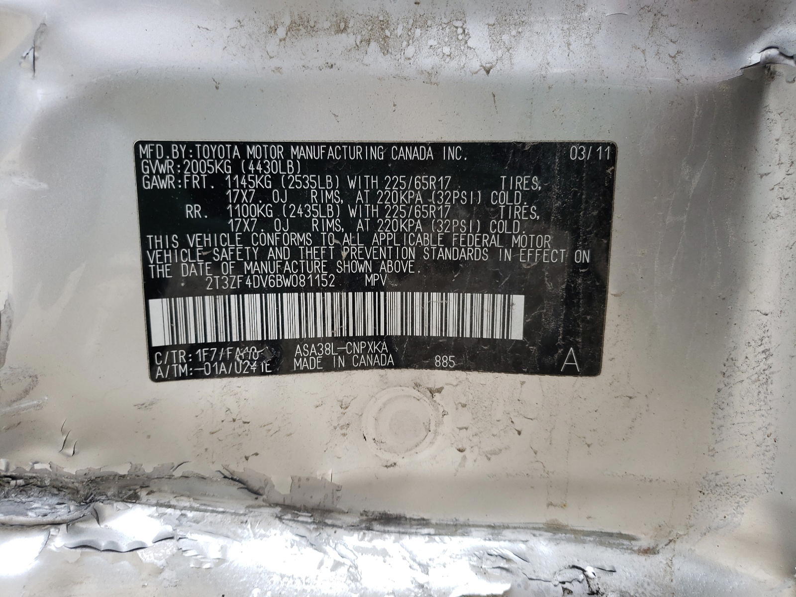 Photo 10 from auction – 2011 TOYOTA RAV4 with VIN 2T3ZF4DV6BW081152