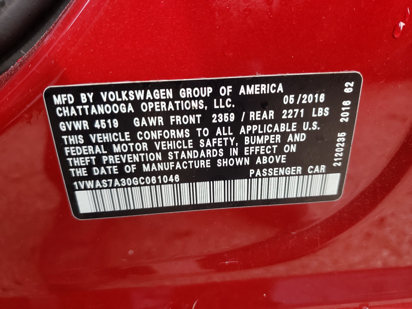 Photo 10 from auction – 2016 VOLKSWAGEN PASSAT S with VIN 1VWAS7A30GC061046