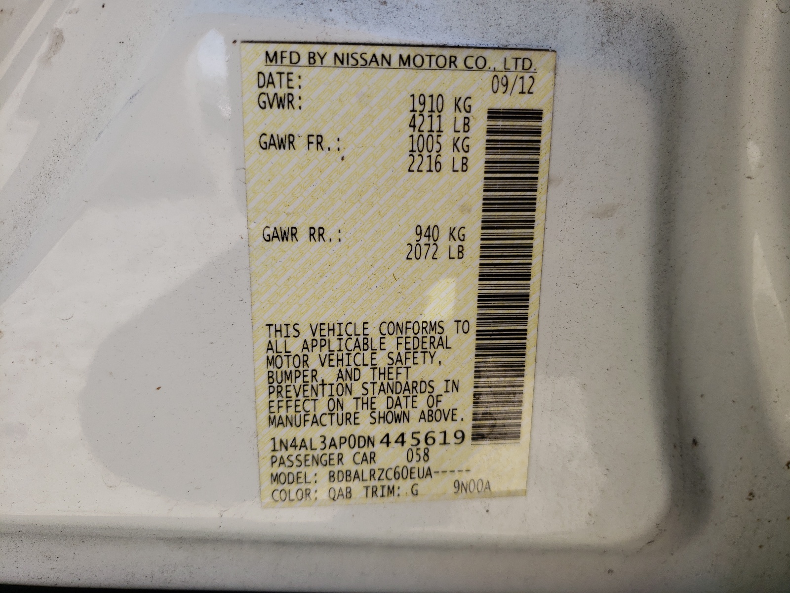Photo 10 from auction – 2013 NISSAN ALTIMA 2.5 with VIN 1N4AL3AP0DN445619