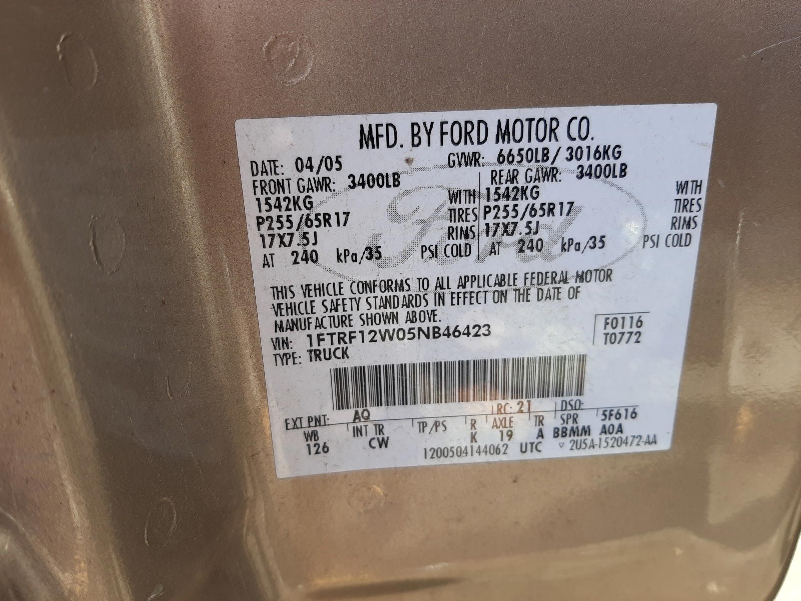Photo 10 from auction – 2005 FORD F150 with VIN 1FTRF12W05NB46423