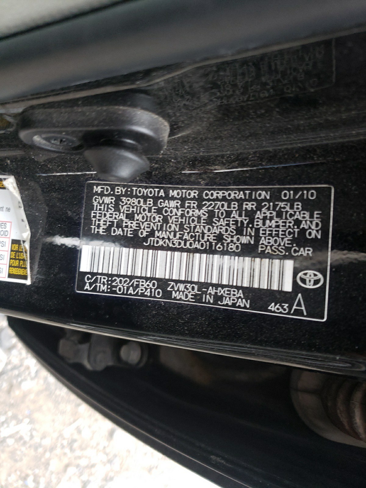 Photo 10 from auction – 2010 TOYOTA PRIUS with VIN JTDKN3DU0A0116180