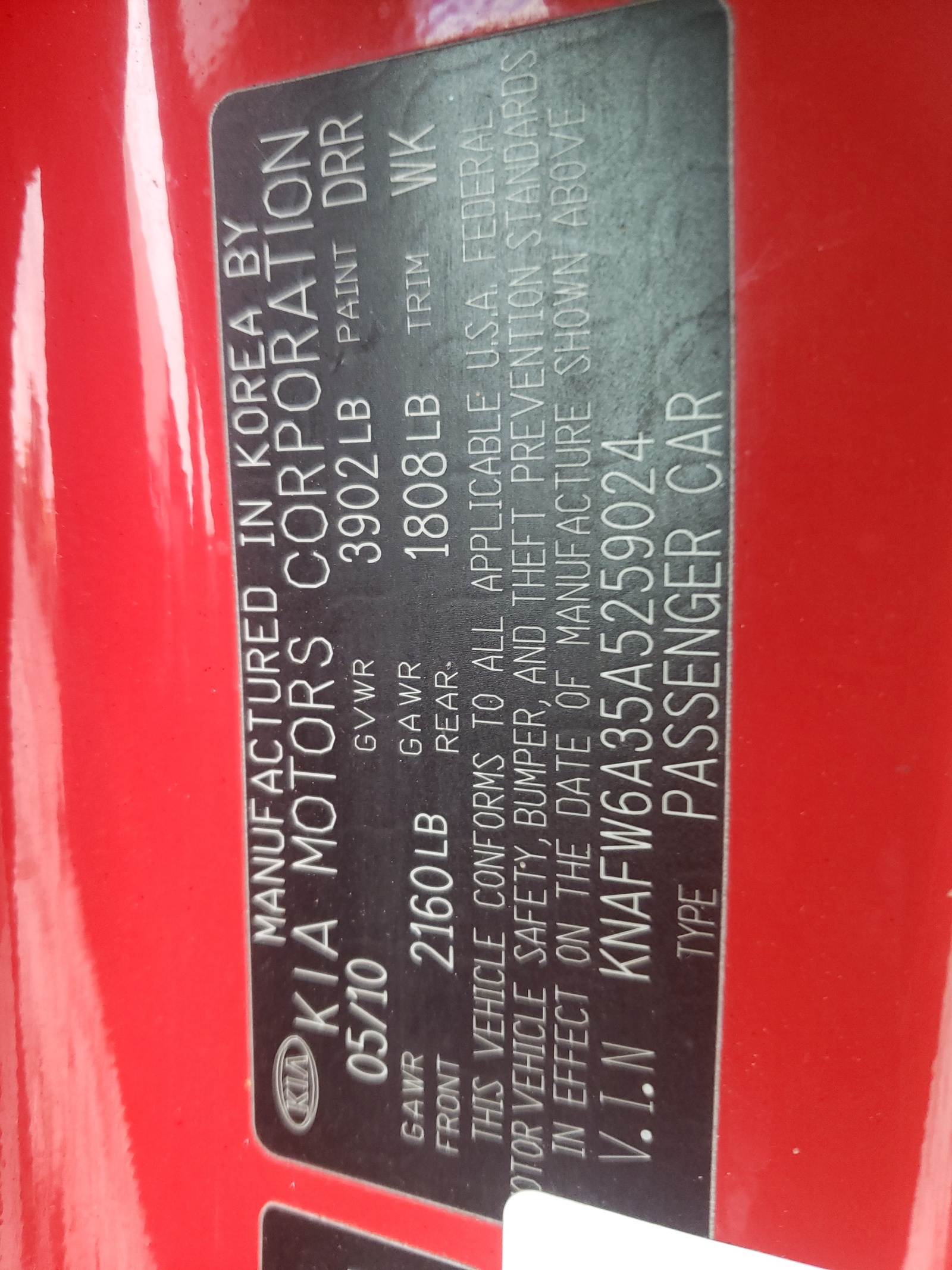Photo 10 from auction – 2010 KIA FORTE SX with VIN KNAFW6A35A5259024