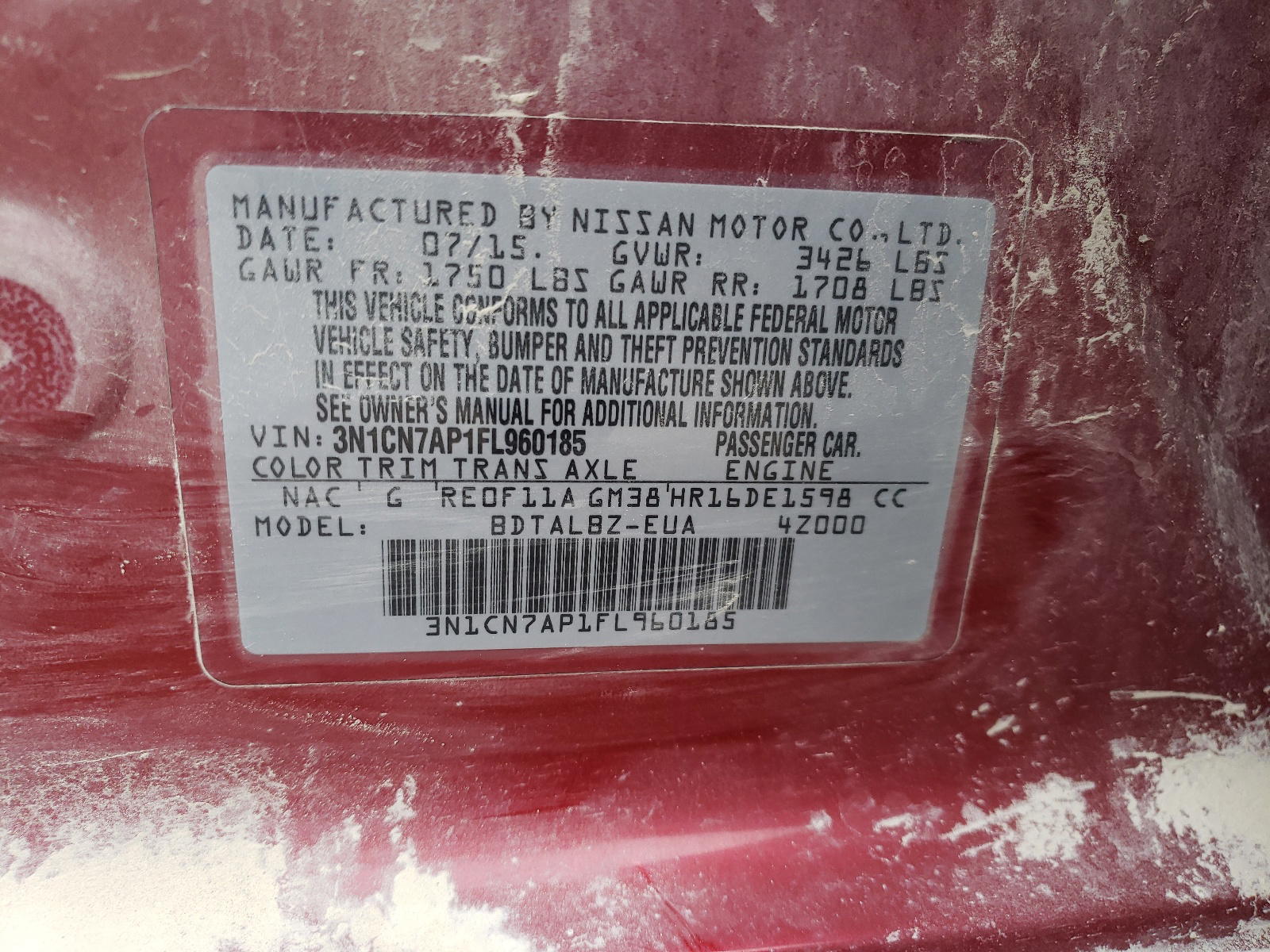 Photo 10 from auction – 2015 NISSAN VERSA S with VIN 3N1CN7AP1FL960185