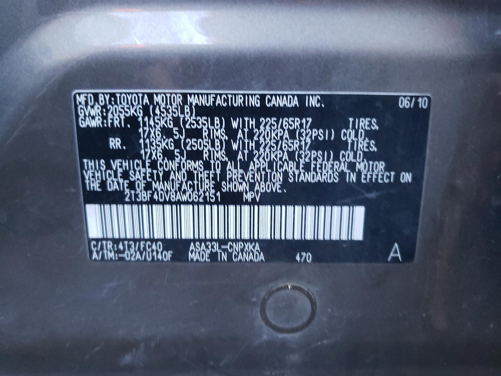 Photo 10 from auction – 2010 TOYOTA RAV4 with VIN 2T3BF4DV8AW062151