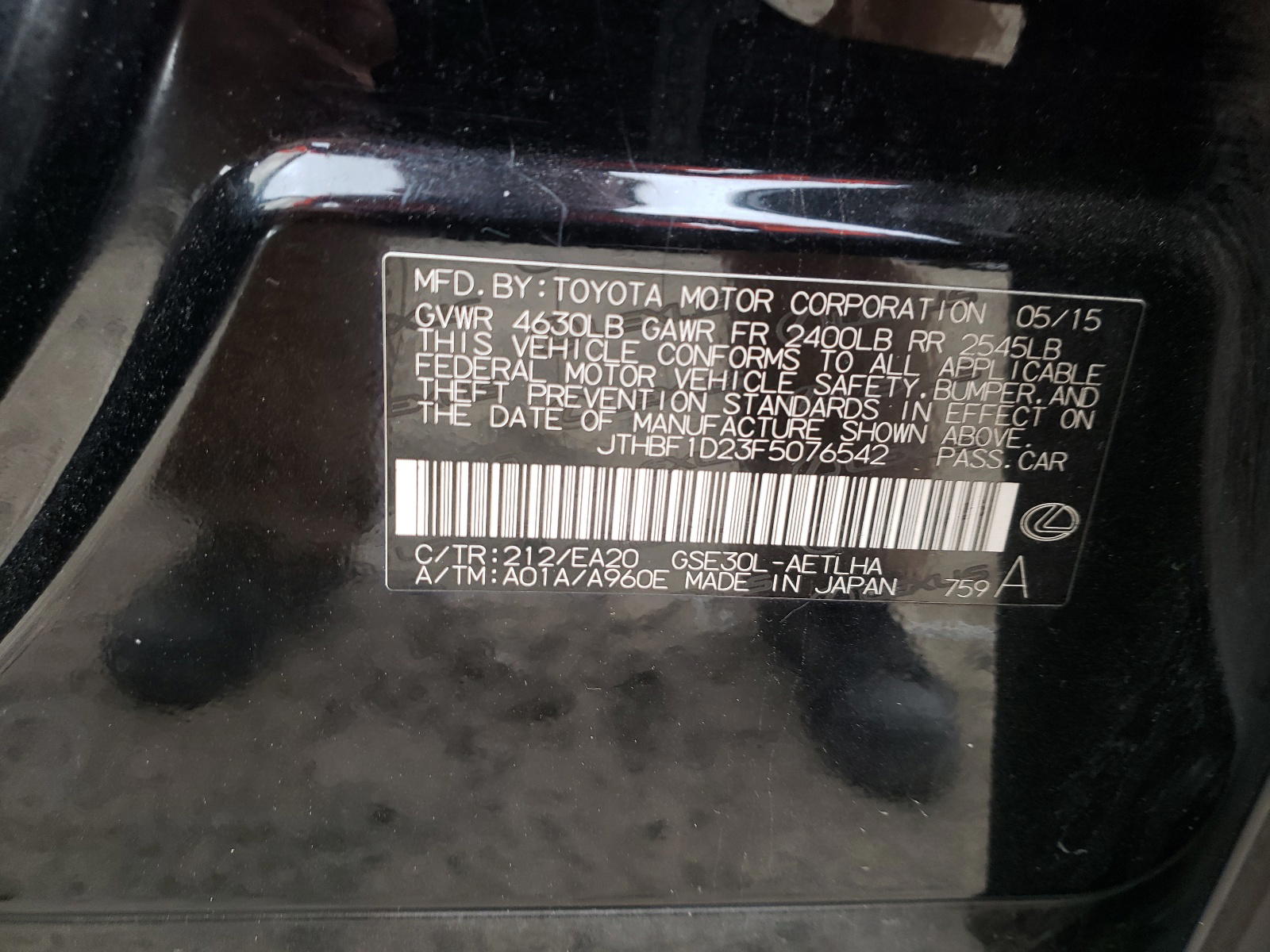 Photo 10 from auction – 2015 LEXUS IS 250 with VIN JTHBF1D23F5076542