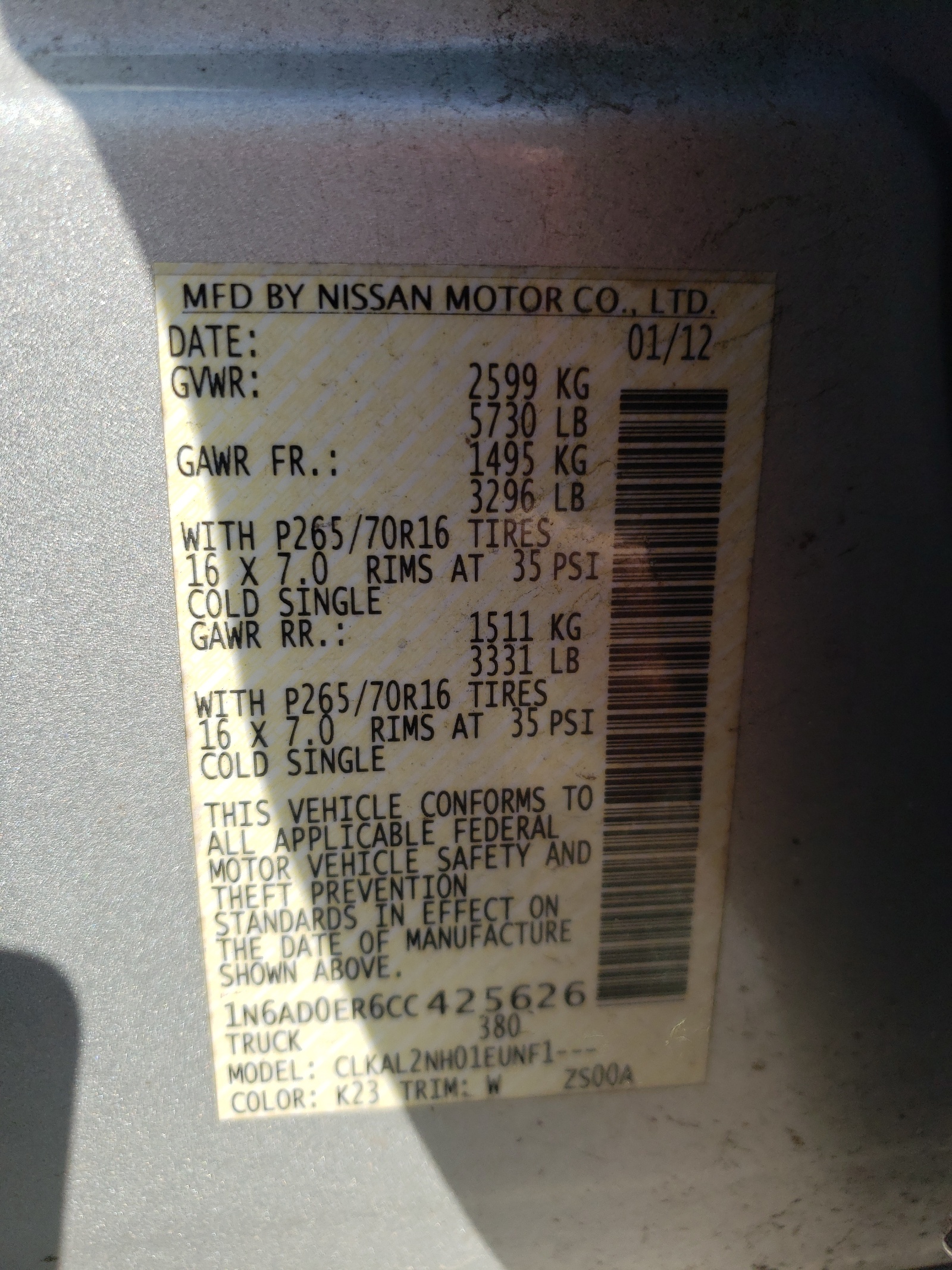 Photo 10 from auction – 2012 NISSAN FRONTIER S with VIN 1N6AD0ER6CC425626