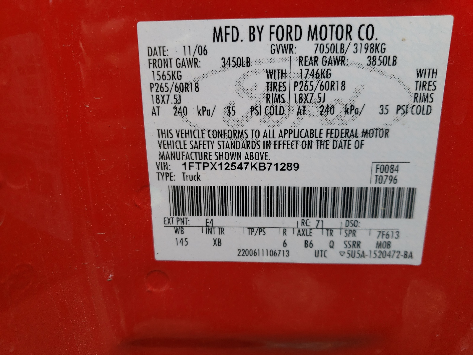 Photo 10 from auction – 2007 FORD F150 with VIN 1FTPX12547KB71289