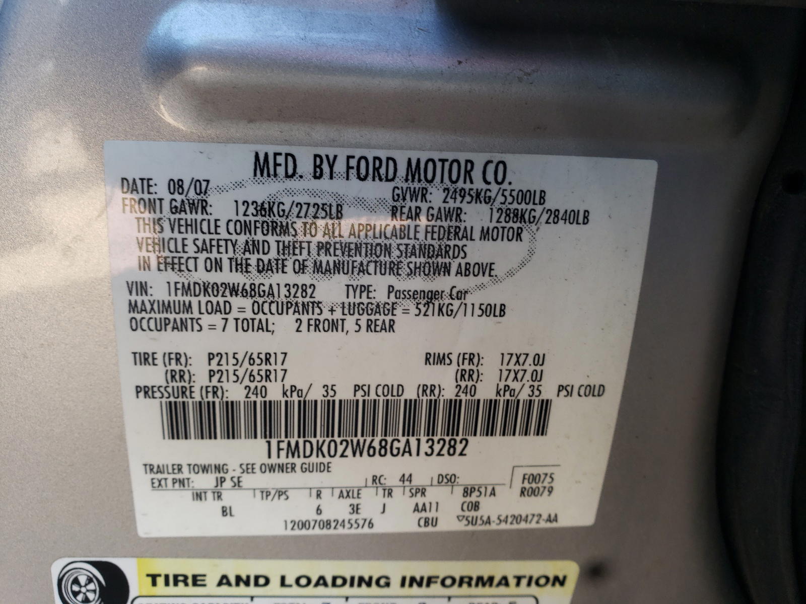 Photo 10 from auction – 2008 FORD TAURUS X S with VIN 1FMDK02W68GA13282