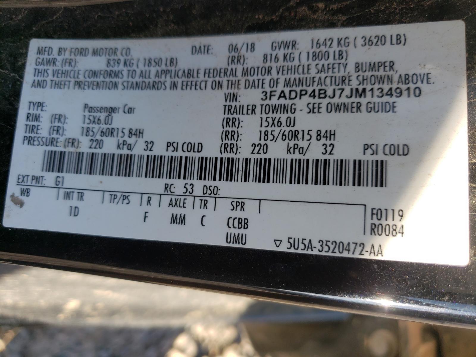 Photo 10 from auction – 2018 FORD FIESTA SE with VIN 3FADP4BJ7JM134910