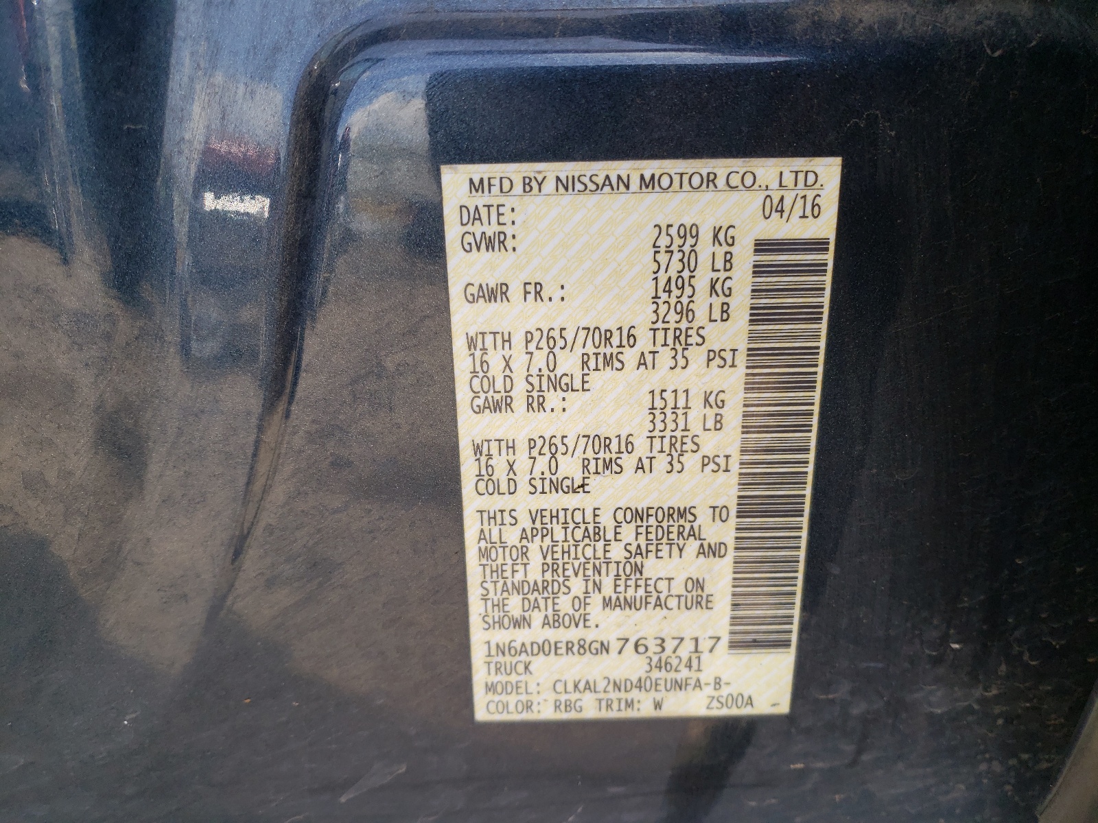 Photo 10 from auction – 2016 NISSAN FRONTIER S with VIN 1N6AD0ER8GN763717