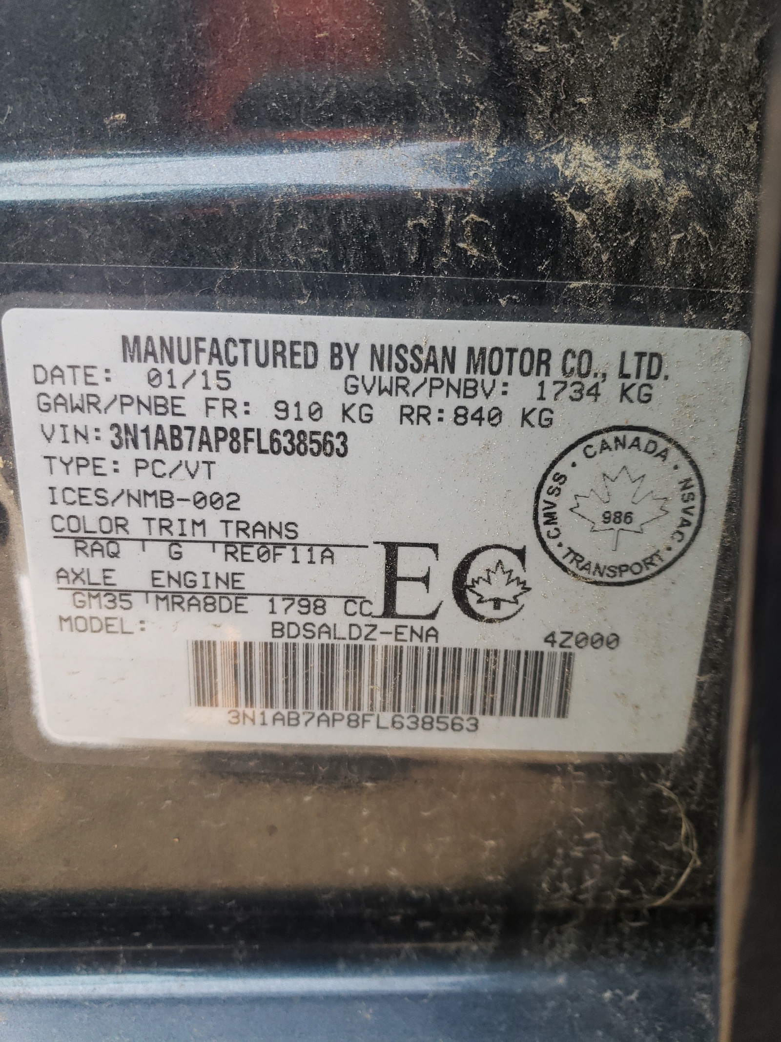 Photo 10 from auction – 2015 NISSAN SENTRA S with VIN 3N1AB7AP8FL638563