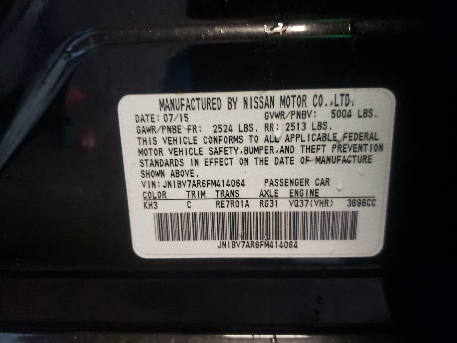 Photo 10 from auction – 2015 INFINITI Q50 BASE with VIN JN1BV7AR6FM414064