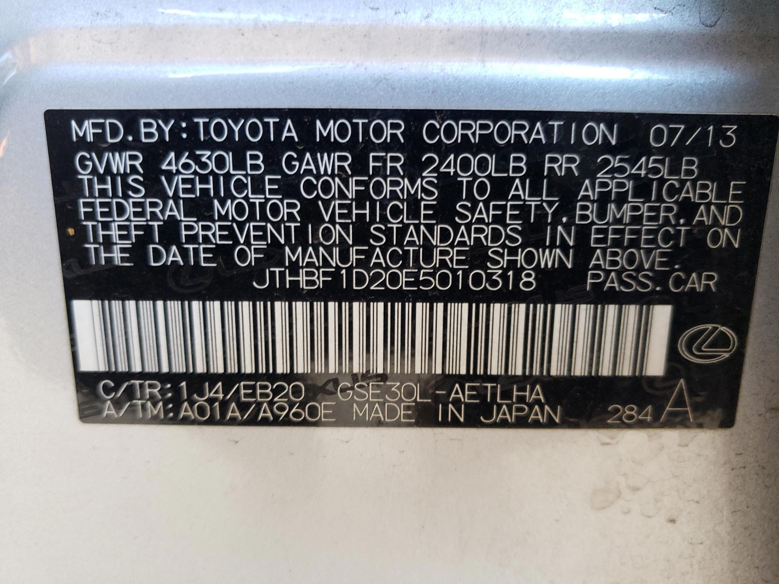 Photo 10 from auction – 2014 LEXUS IS 250 with VIN JTHBF1D20E5010318