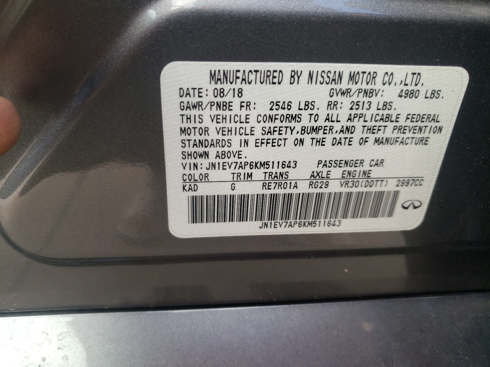 Photo 10 from auction – 2019 INFINITI Q50 LUXE with VIN JN1EV7AP6KM511643