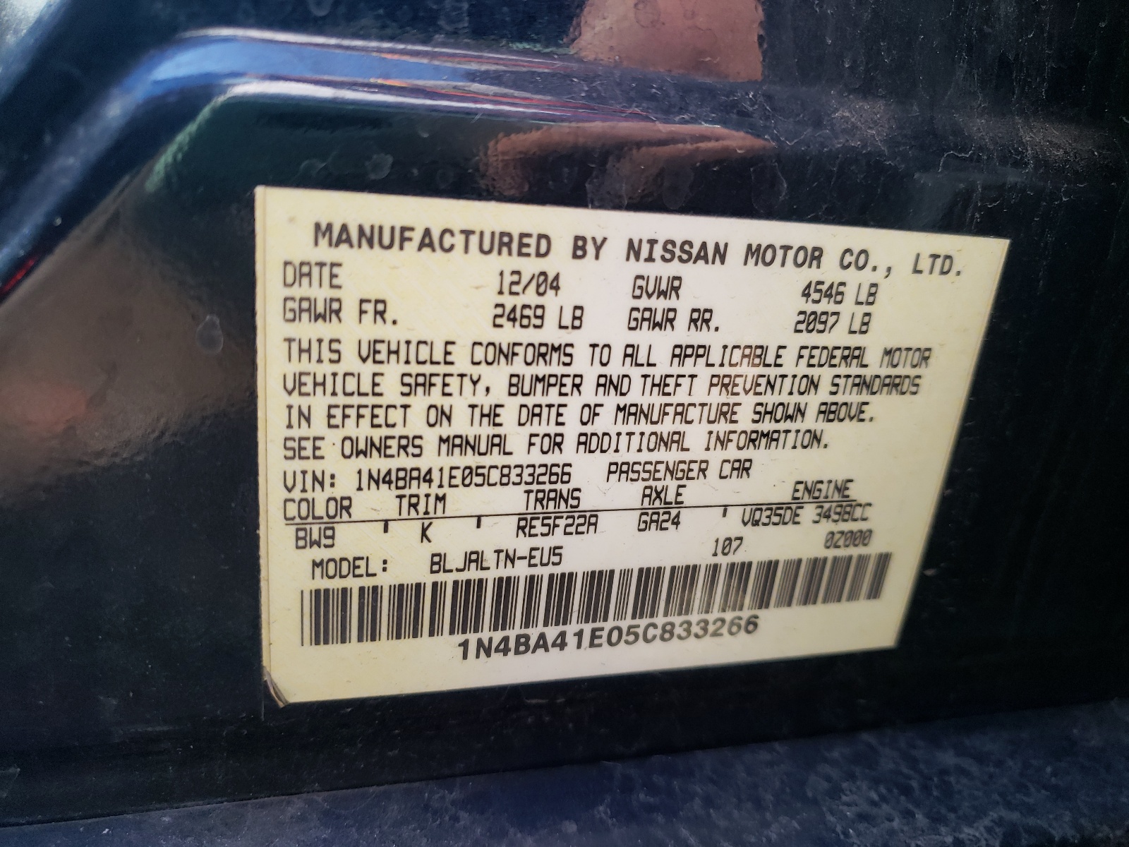 Photo 10 from auction – 2005 NISSAN MAXIMA SE with VIN 1N4BA41E05C833266