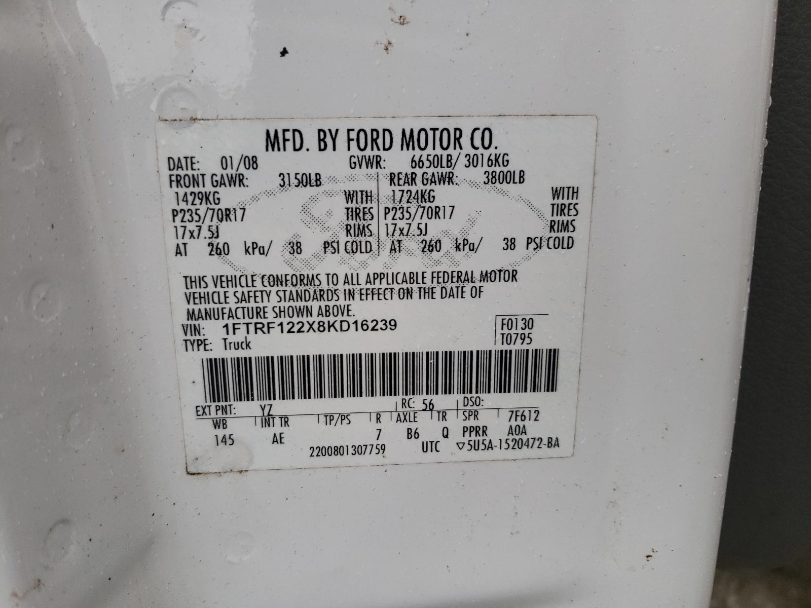 Photo 10 from auction – 2008 FORD F150 with VIN 1FTRF122X8KD16239