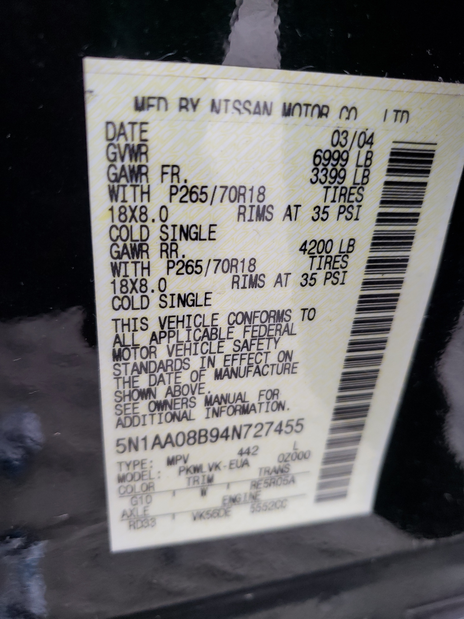 Photo 10 from auction – 2004 NISSAN ARMADA SE with VIN 5N1AA08B94N727455