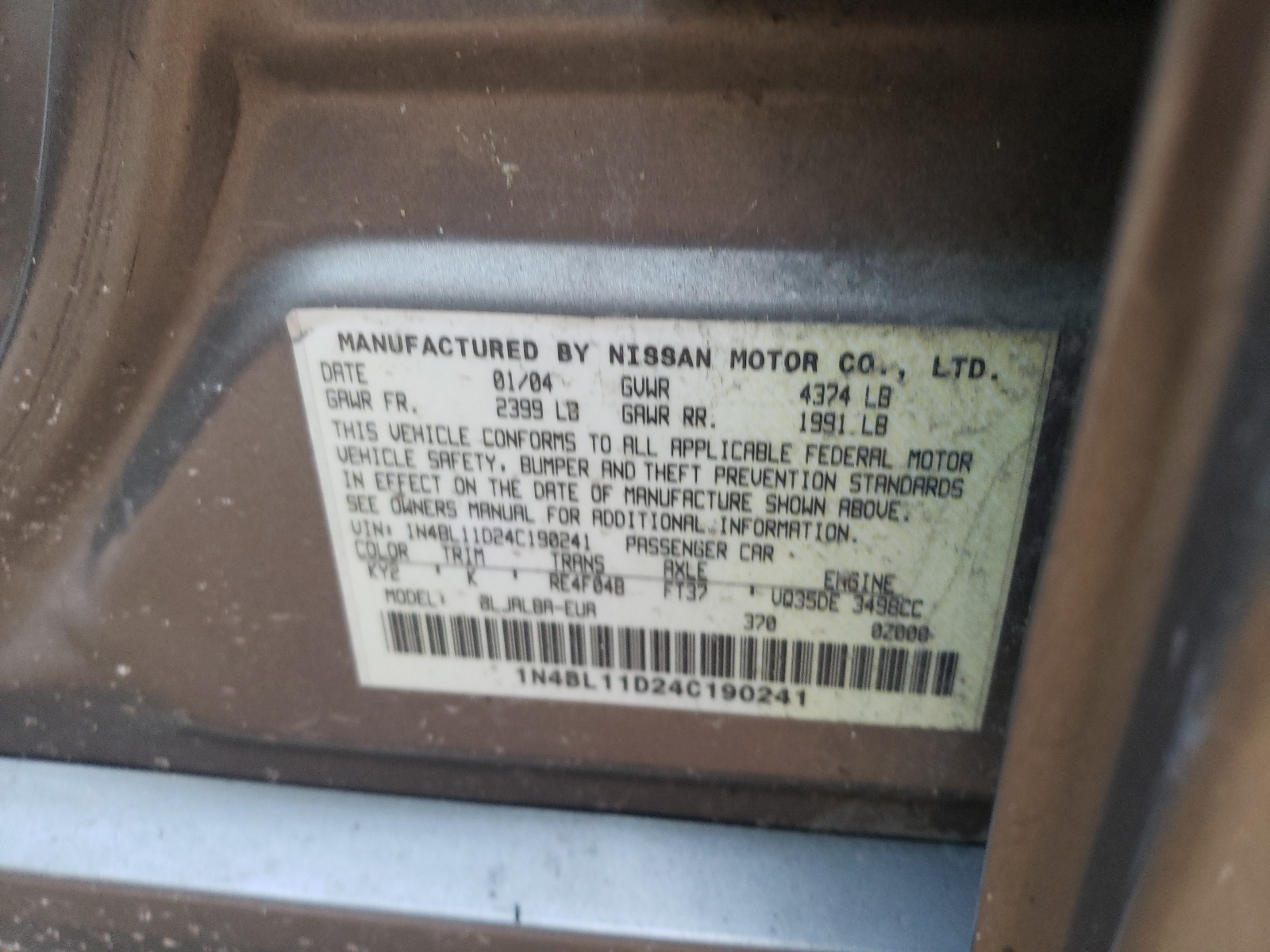 Photo 10 from auction – 2004 NISSAN ALTIMA SE with VIN 1N4BL11D24C190241