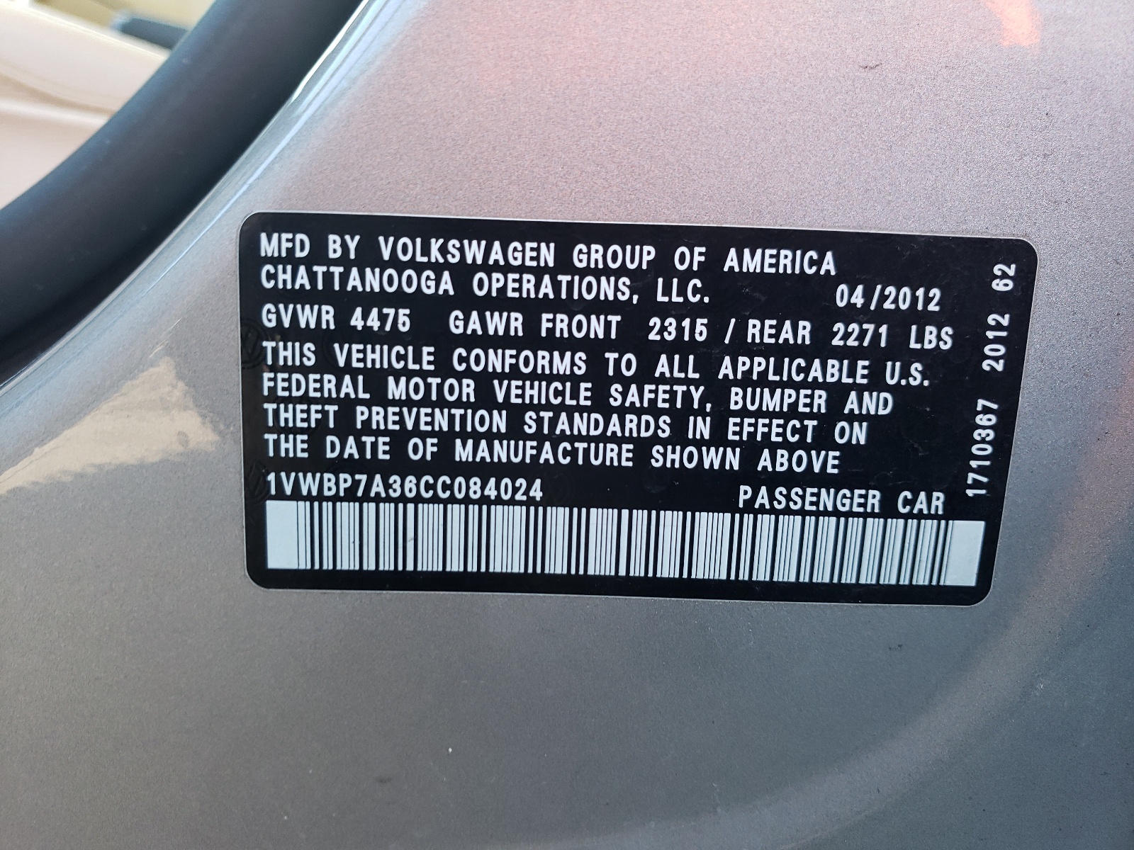 Photo 10 from auction – 2012 VOLKSWAGEN PASSAT SE with VIN 1VWBP7A36CC084024