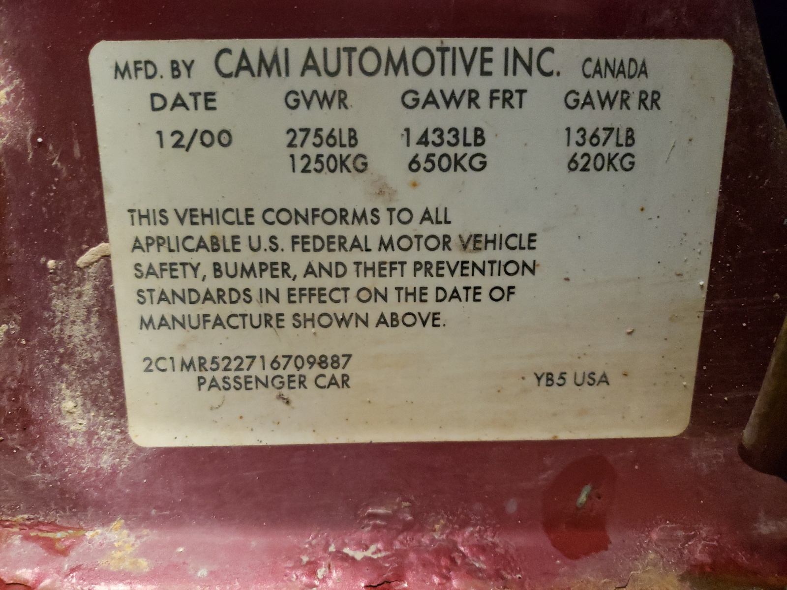 Photo 10 from auction – 2001 CHEVROLET METRO LSI with VIN 2C1MR522716709887