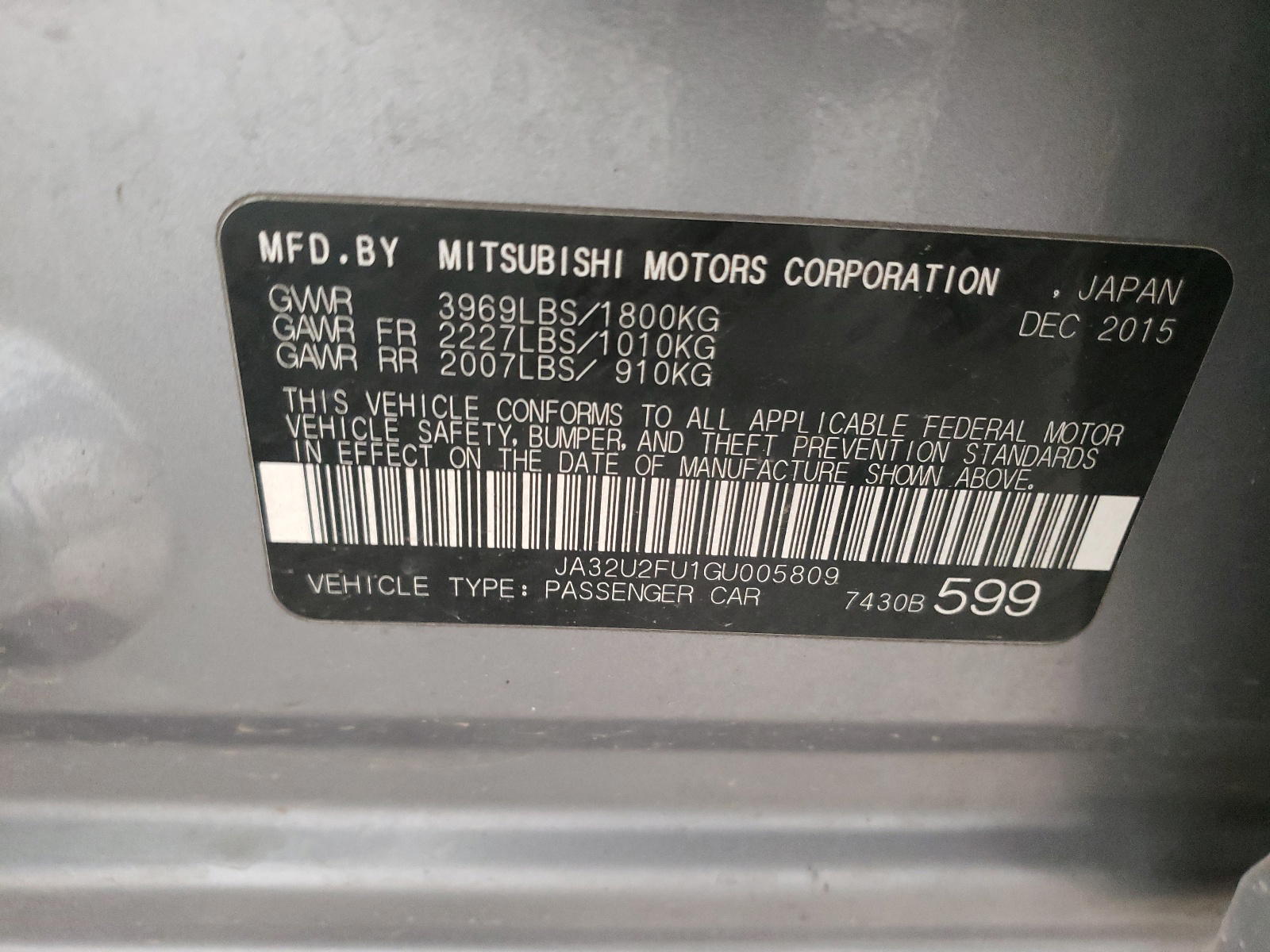Photo 10 from auction – 2016 MITSUBISHI LANCER ES with VIN JA32U2FU1GU005809