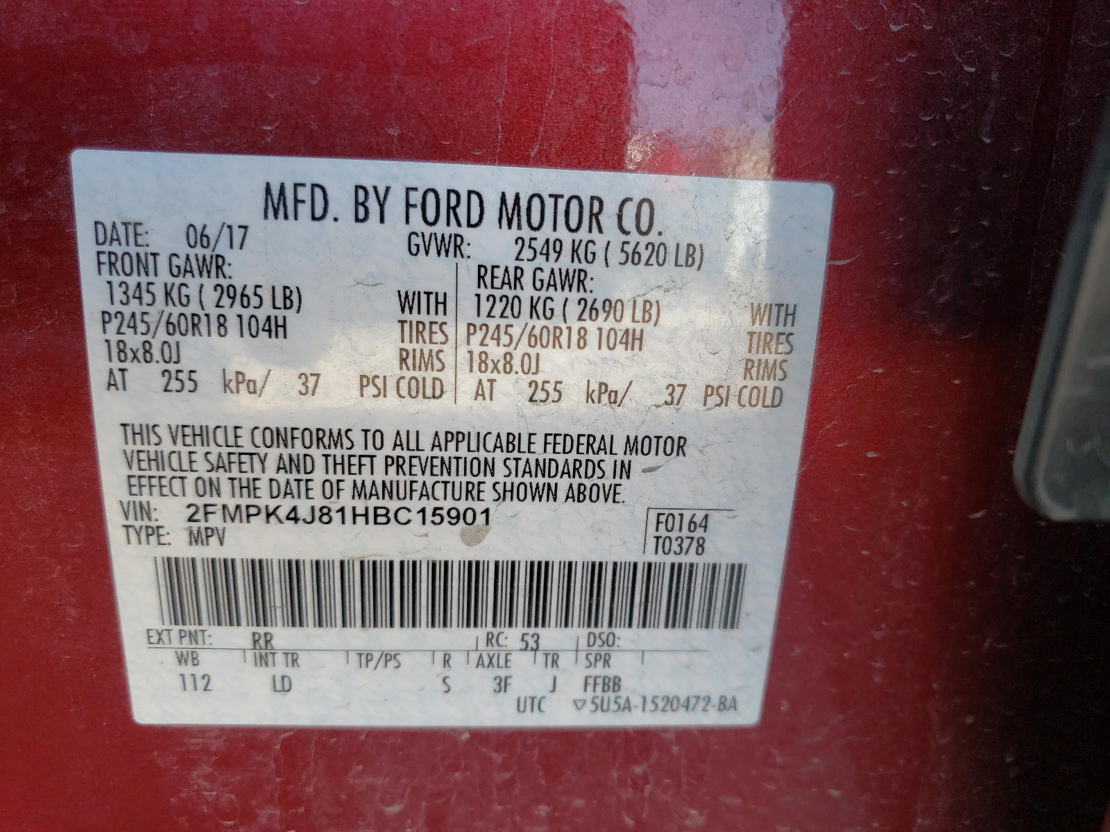 Photo 10 from auction – 2017 FORD EDGE SEL with VIN 2FMPK4J81HBC15901