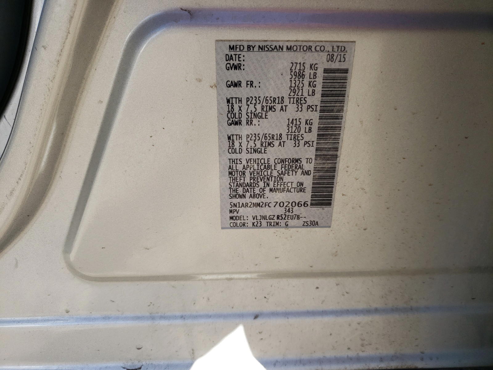 Photo 10 from auction – 2015 NISSAN PATHFINDER with VIN 5N1AR2MM2FC702066