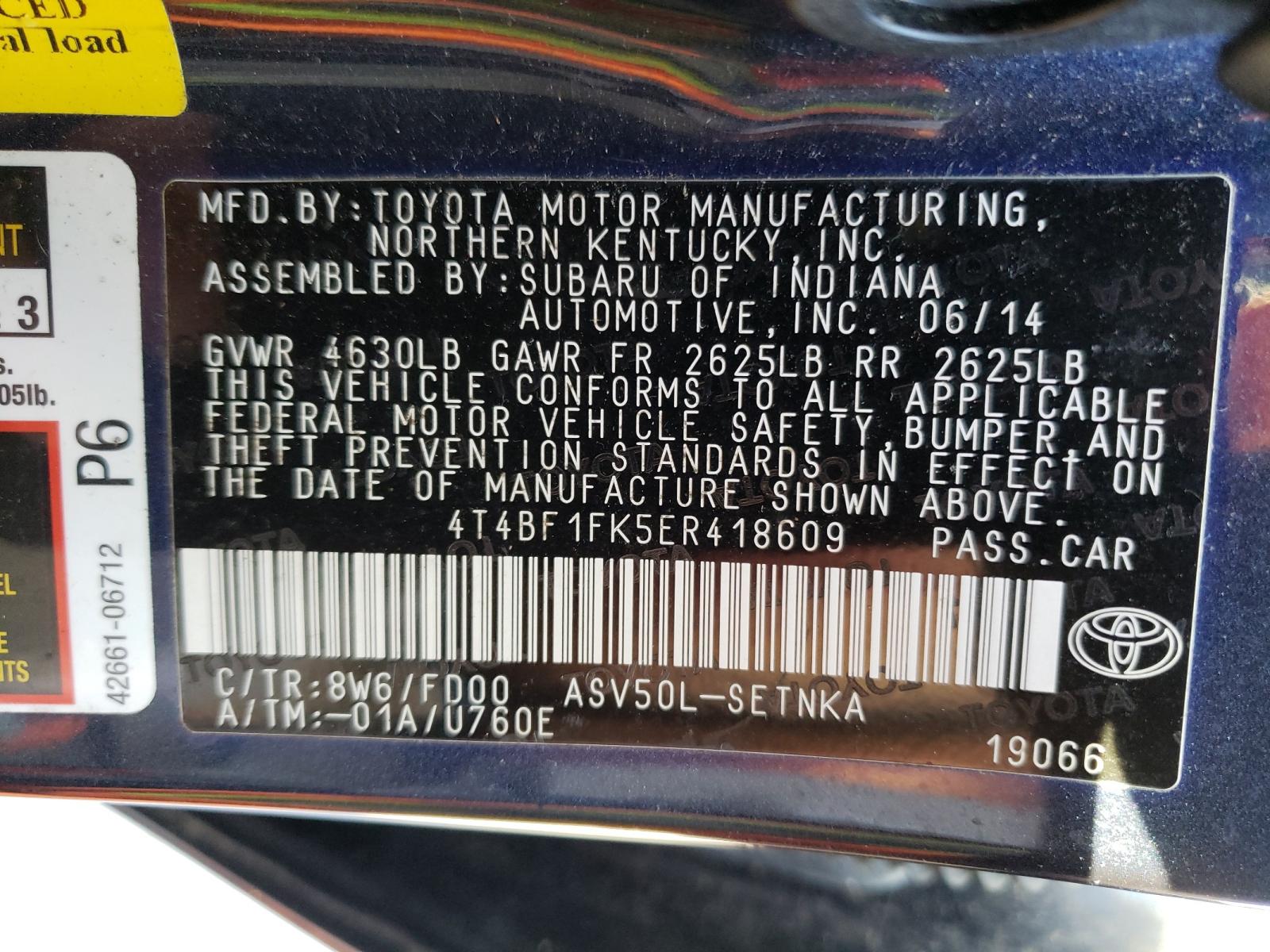 Photo 10 from auction – 2014 TOYOTA CAMRY L with VIN 4T4BF1FK5ER418609