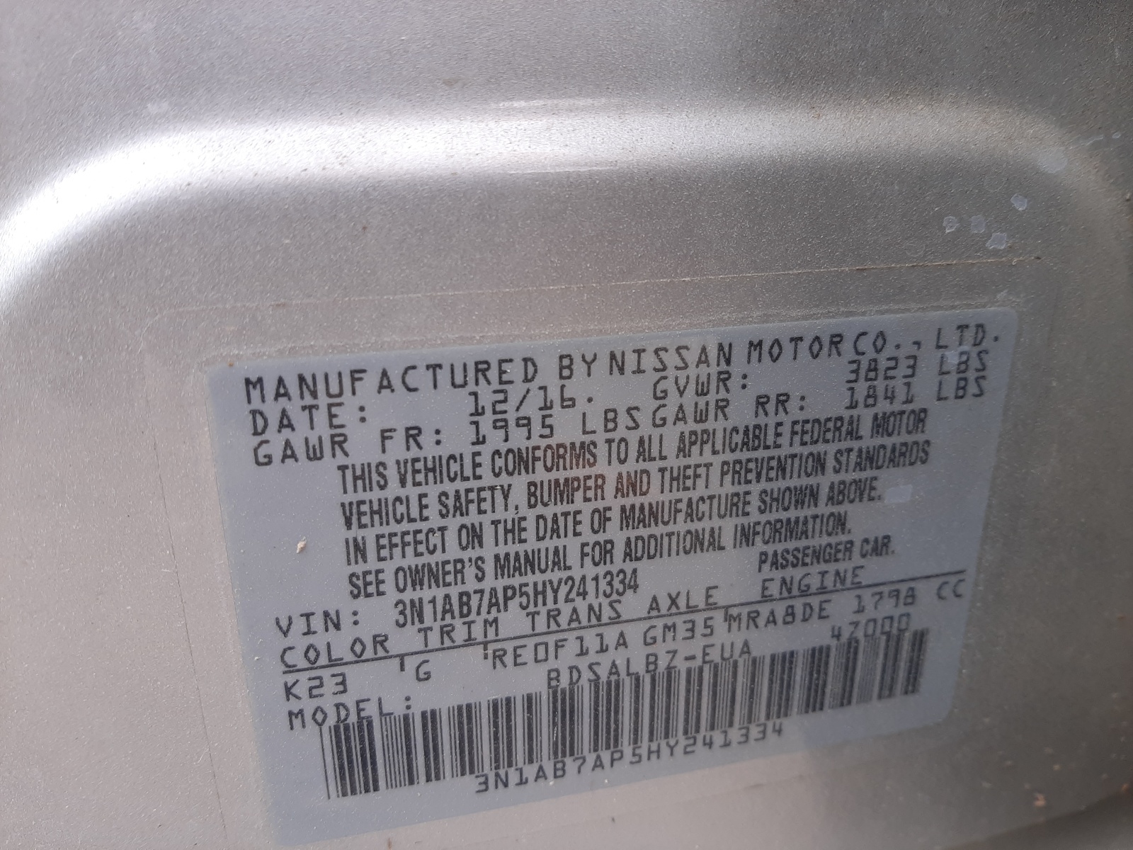 Photo 10 from auction – 2017 NISSAN SENTRA with VIN 3N1AB7AP5HY241334