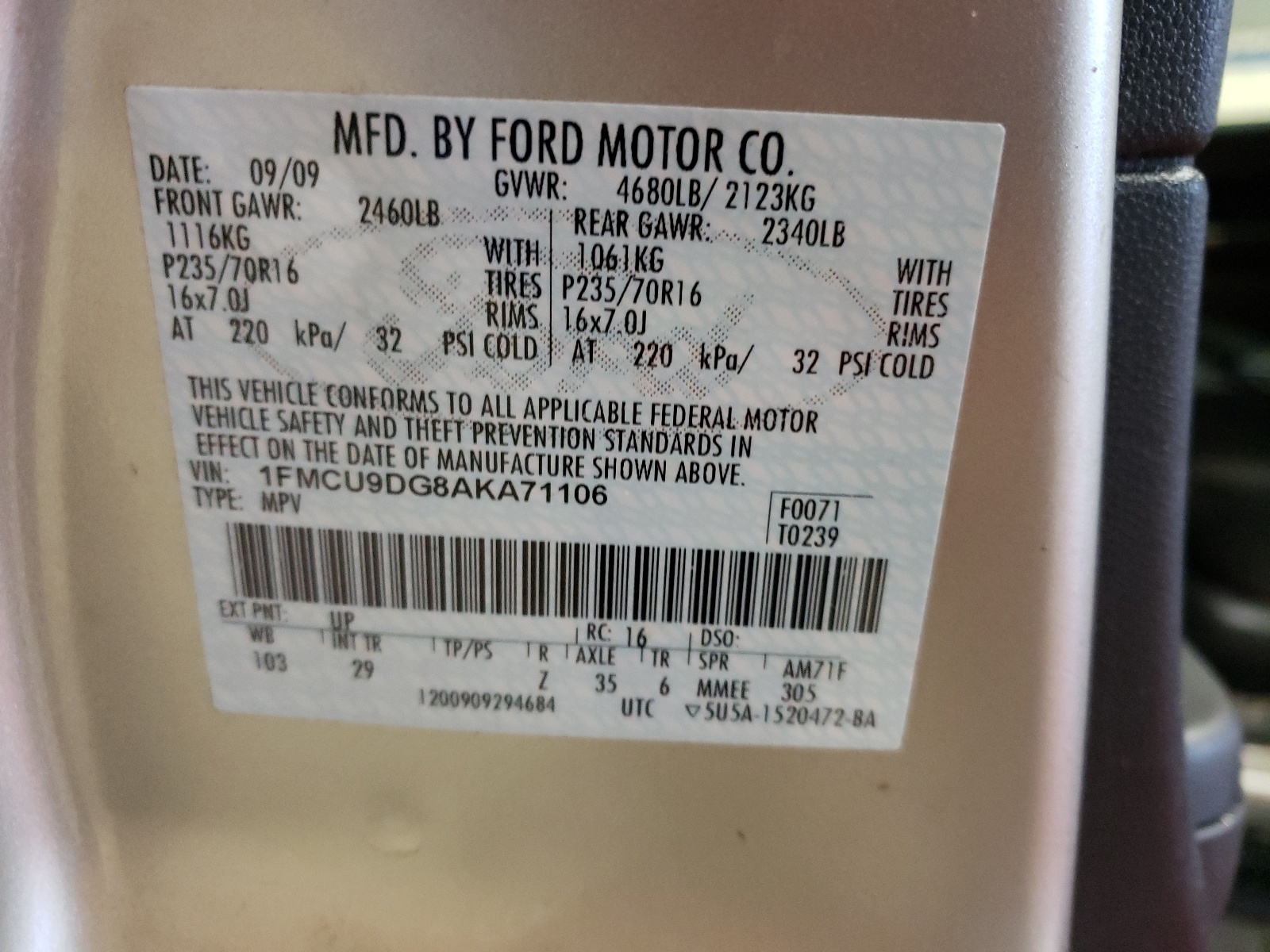 Photo 10 from auction – 2010 FORD ESCAPE XLT with VIN 1FMCU9DG8AKA71106