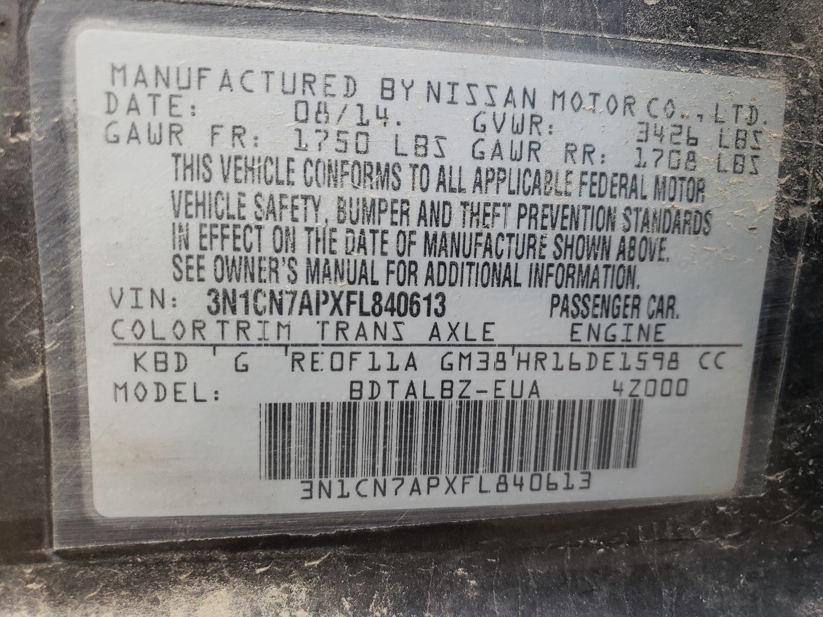 Photo 11 from auction – 2015 NISSAN VERSA S with VIN 3N1CN7APXFL840613