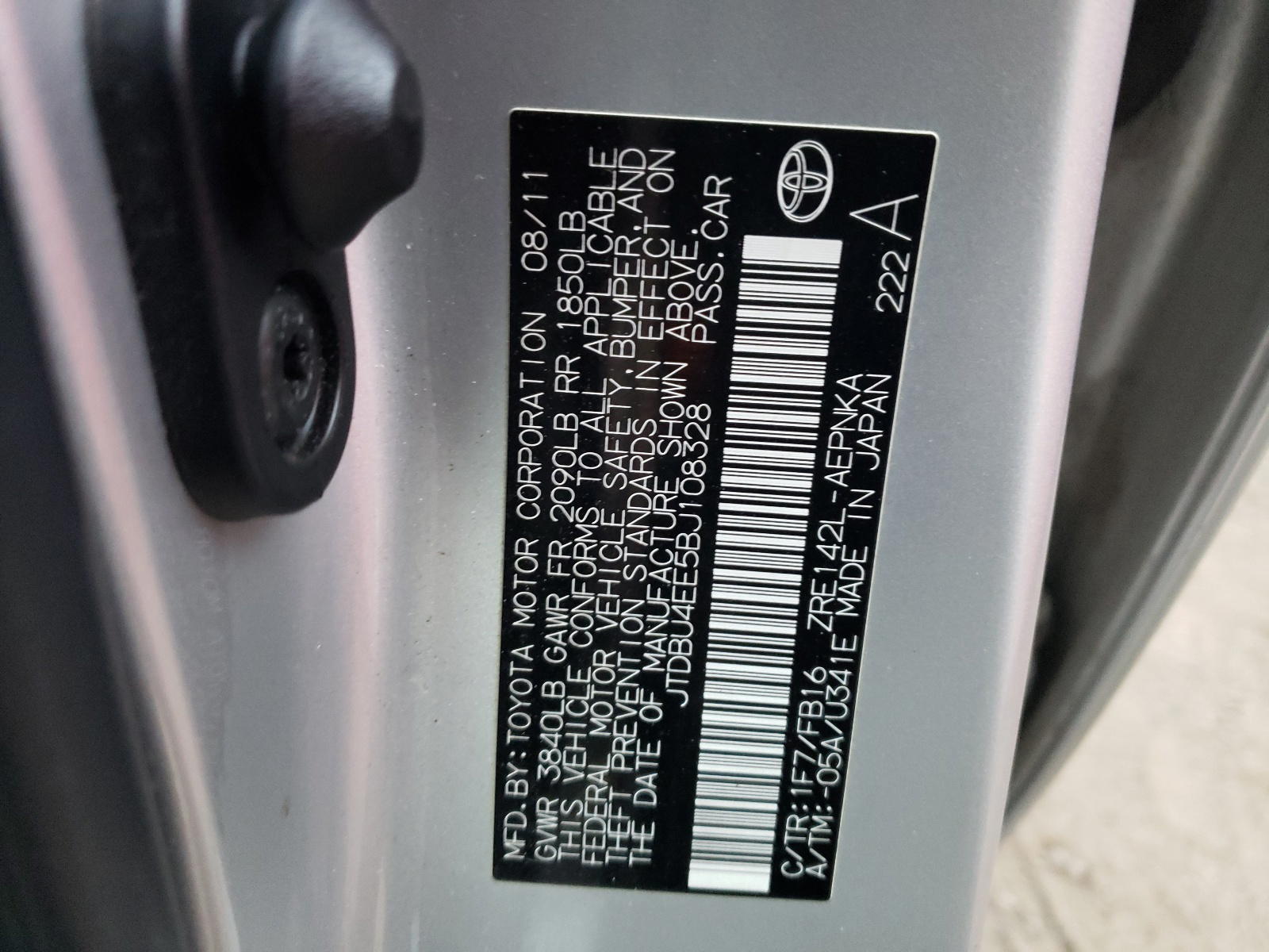 Photo 10 from auction – 2011 TOYOTA COROLLA BA with VIN JTDBU4EE5BJ108328