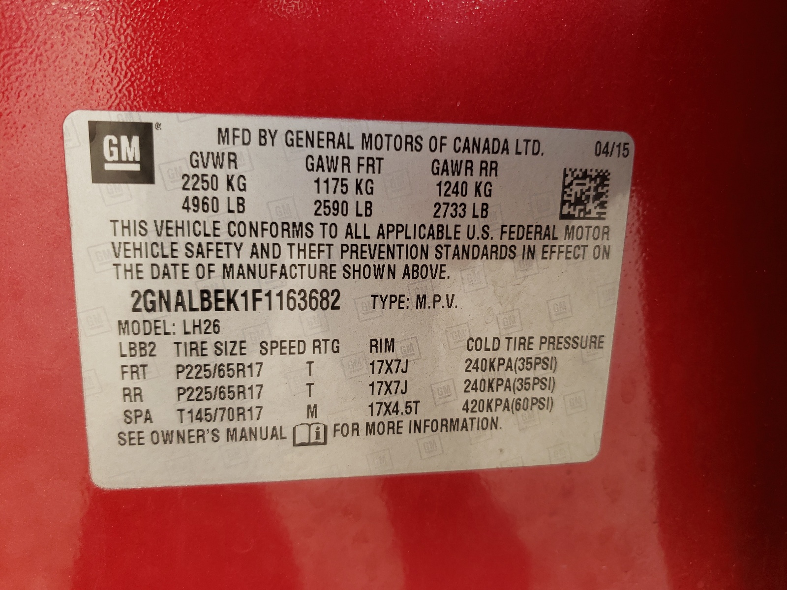 Photo 10 from auction – 2015 CHEVROLET EQUINOX LT with VIN 2GNALBEK1F1163682