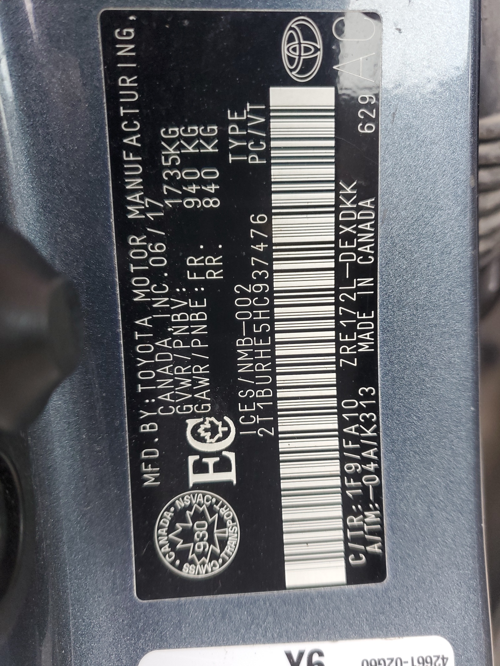 Photo 10 from auction – 2017 TOYOTA COROLLA L with VIN 2T1BURHE5HC937476