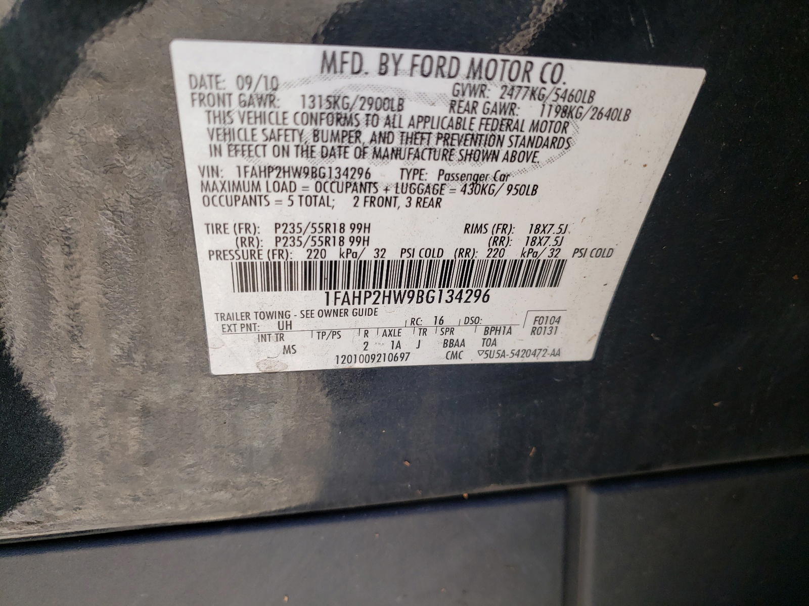 Photo 10 from auction – 2011 FORD TAURUS SEL with VIN 1FAHP2HW9BG134296