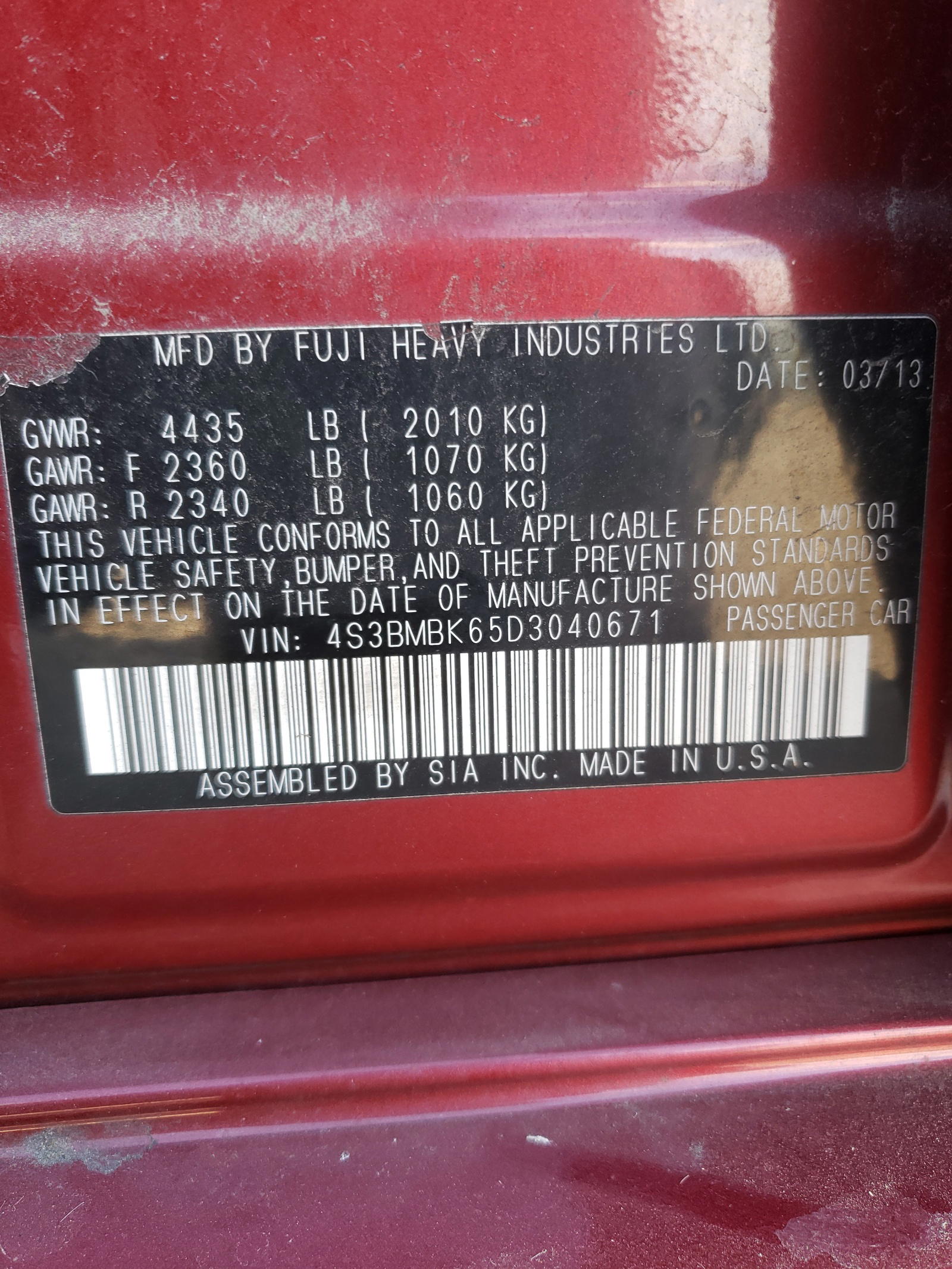 Photo 10 from auction – 2013 SUBARU LEGACY 2.5 with VIN 4S3BMBK65D3040671
