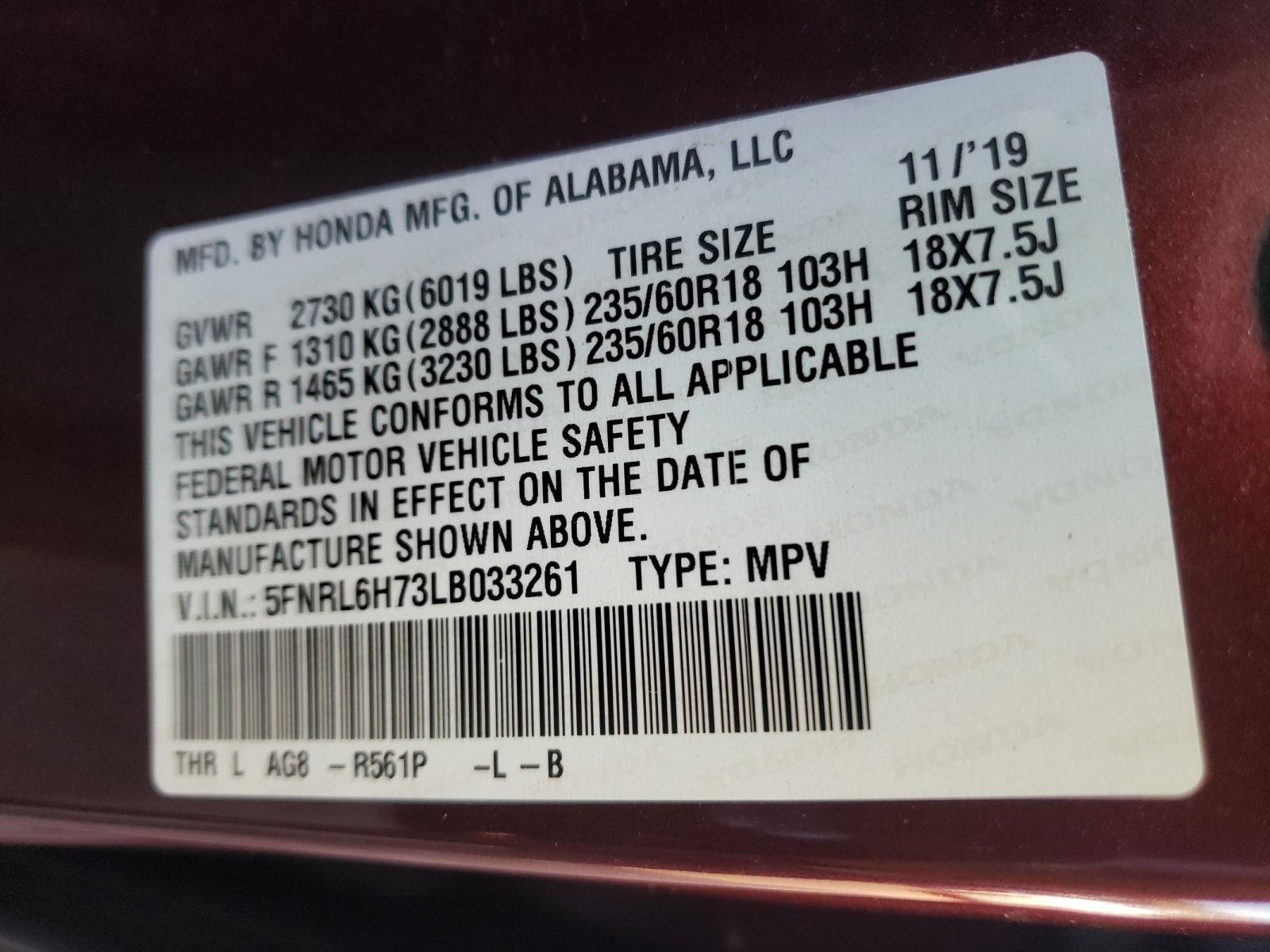Photo 10 from auction – 2020 HONDA ODYSSEY EX with VIN 5FNRL6H73LB033261