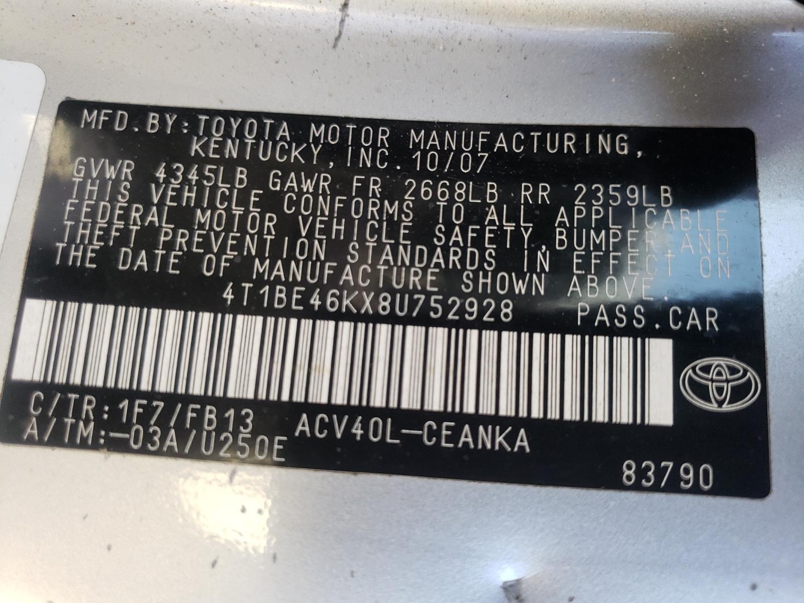 Photo 10 from auction – 2008 TOYOTA CAMRY CE with VIN 4T1BE46KX8U752928