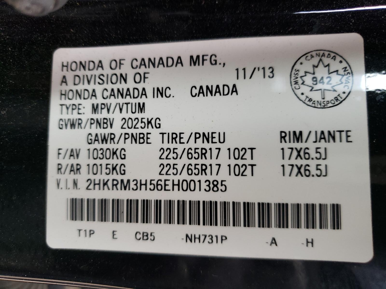 Photo 10 from auction – 2014 HONDA CR-V EX with VIN 2HKRM3H56EH001385