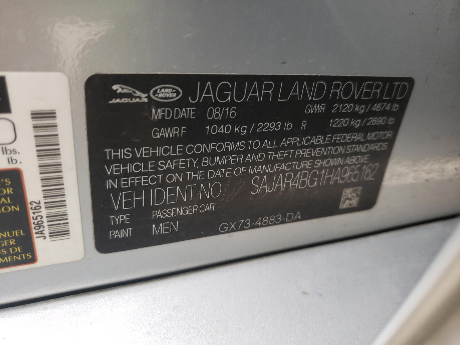 Photo 10 from auction – 2017 JAGUAR XE with VIN SAJAR4BG1HA965162